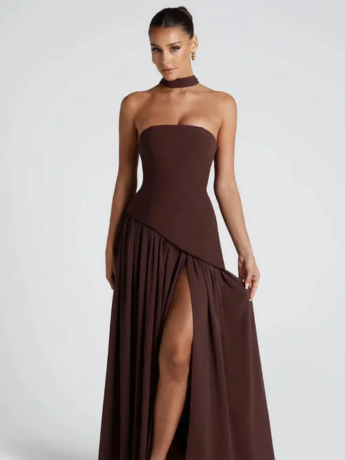 Elegant Solid Pleated Maxi Dress for Women with Sexy Sleeveless Off Shoulder Design and High Slit Party Wear